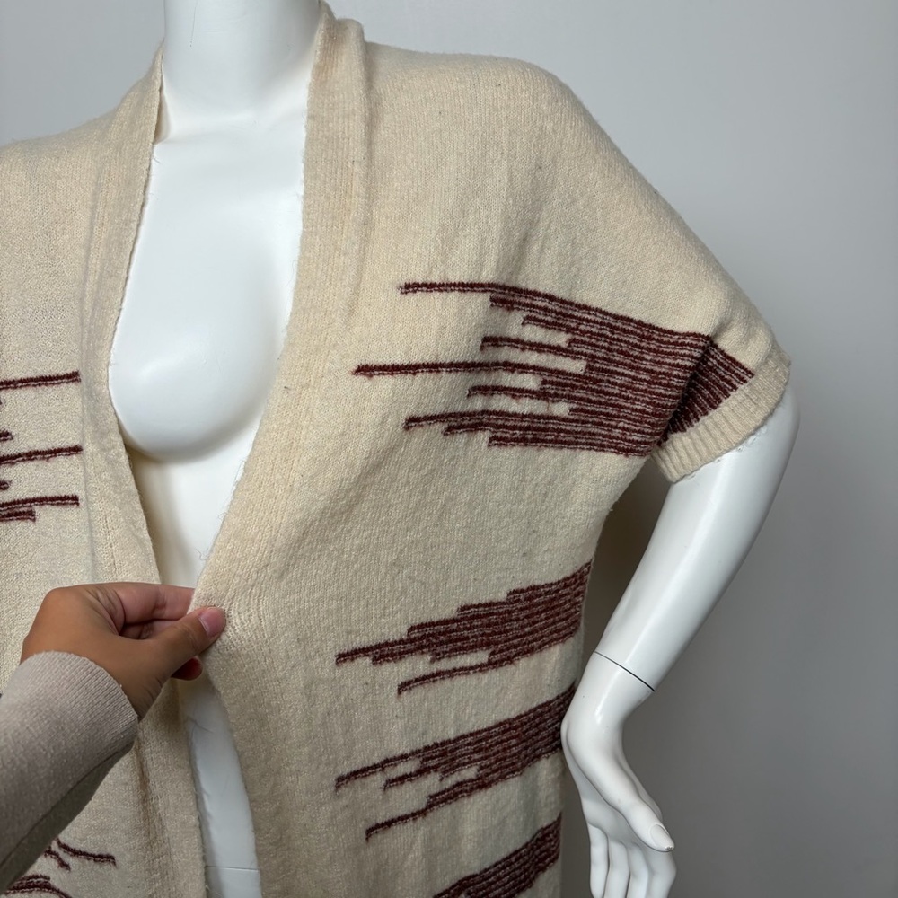 Anthropologie Cream Fringe Open-Front Poncho with Brown Geometric Accents - Picture 3 of 7